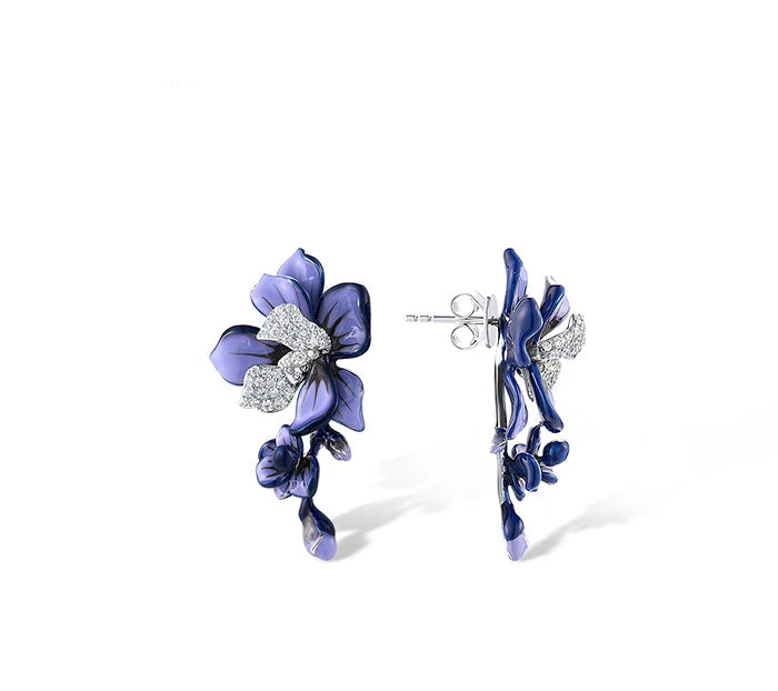 925 Sterling Silver  Sparkling Purple & White Enamel Flower Trendy