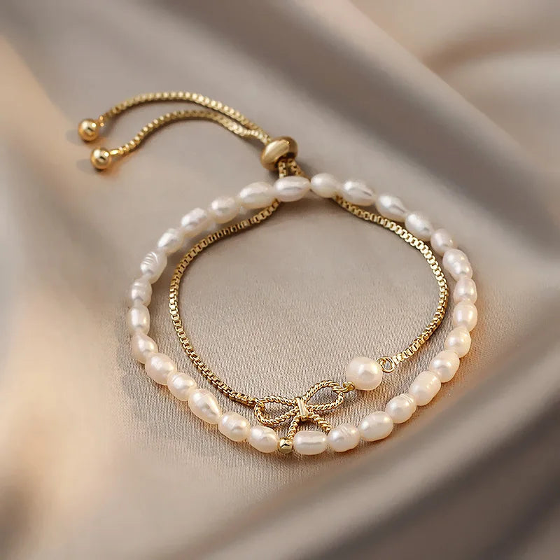 High Quality Fashion Bowknot 14K Gold Filled Natural Freshwater Pearl Two Piece Set Bracelet Jewelry