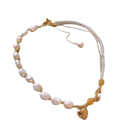 Romantic Love Heart Natural Baroque Freshwater Pearl & Yellow Crystal 14K Gold Filled  Jewelry Sets