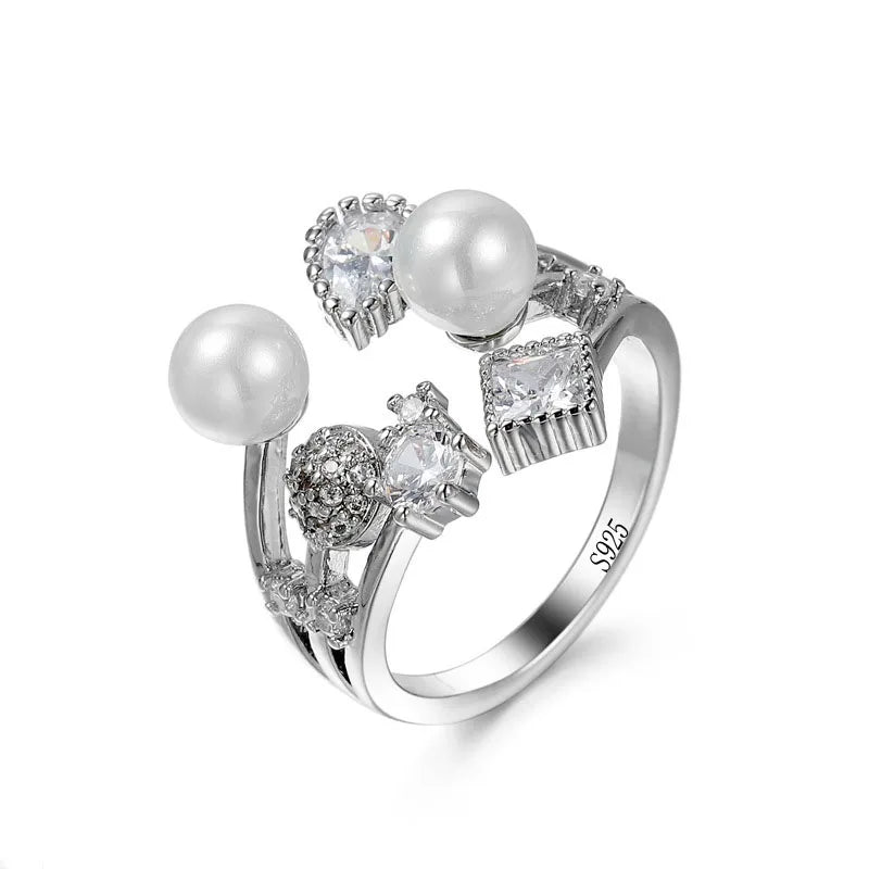 Cute Female Rings 925 Sterling Silver Rings for Women Double Layer Pearl Design Adjustable Rings for Lover Gift Fashion Jewelry