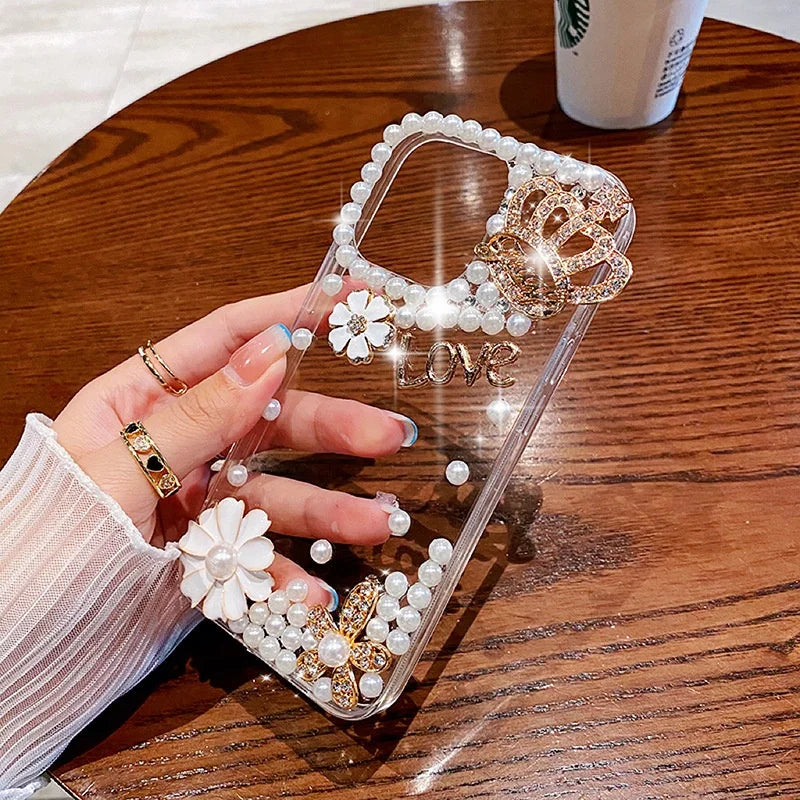 Luxury Bling Glitter Phone Case for Women, Rhinestone Crown, Pearl Flower Diamond, for Huawei P50Pro, P40, Honor 9X, 50, 60Pro