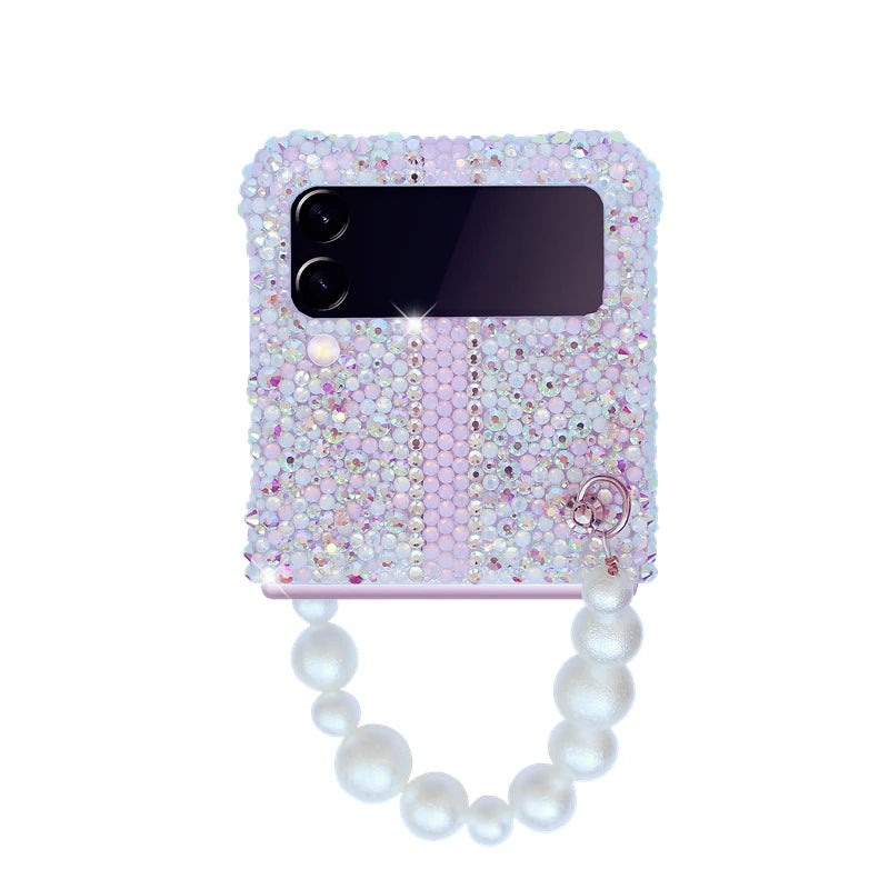 For Samsung Galaxy Z Flip 6 5 4 3 2 5G F7110 F7070 Luxury Rhinestones Crystal Cute Pearl Chain Wrist Jewell Bow Phone Case Cover