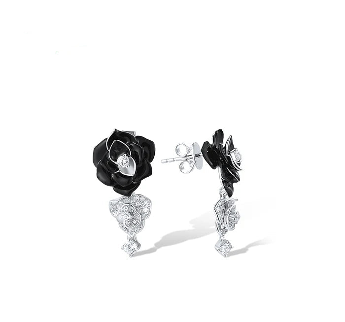 925 Sterling Silver Jewelry Set  Black White Flowers