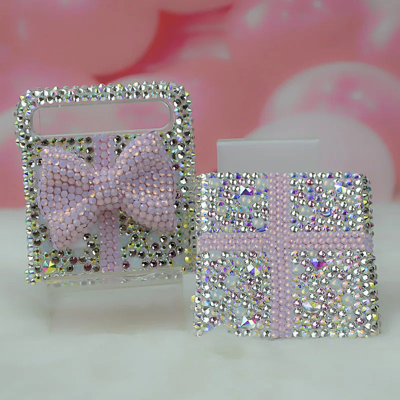 For Samsung Galaxy Z Flip 6 5 4 3 2 5G F7110 F7070 Luxury Rhinestones Crystal Shinny Cute Pearl Bow Phone Case Cover