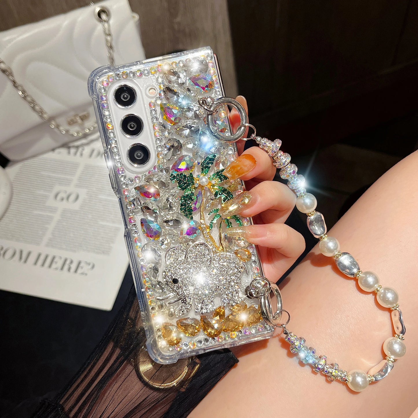 For Samsung Galaxy Z Fold 6 5 4 3 Luxury Cute Pearl Diamond Crystal Tree Wrist Strap Glitter Candy Wrist Phone Case Cover