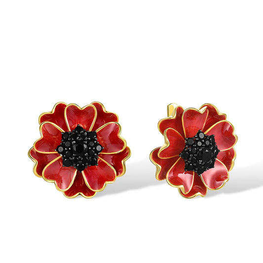 925 Sterling Silver Black Spinel Red  Flower Jewelry