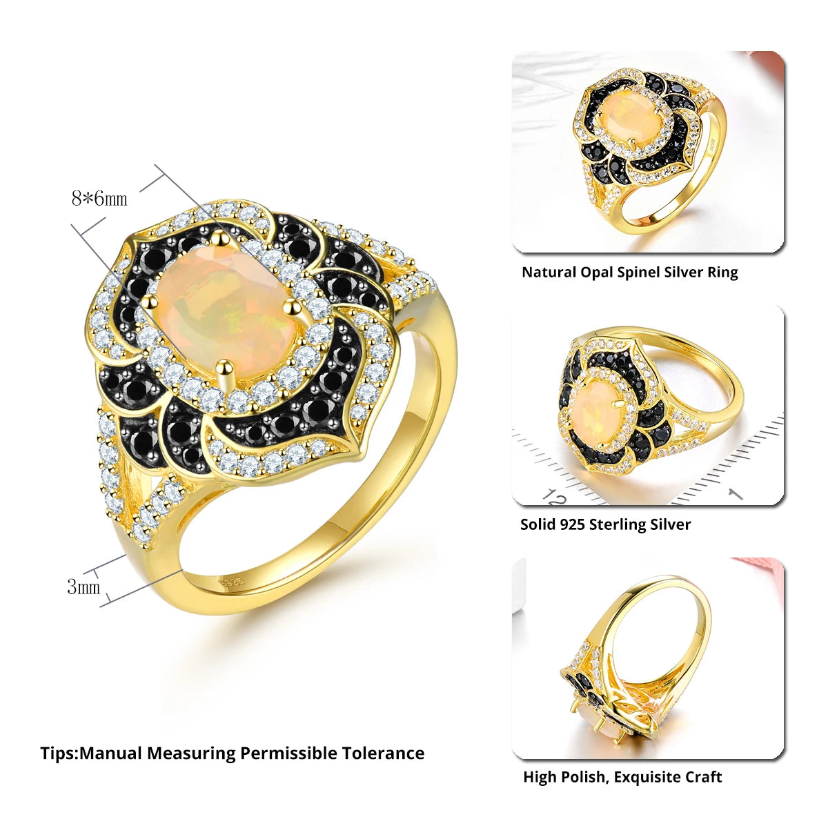 Natural Opal Black Spinel Silver Yellow Gold Plated Ring 2.5 Carats Genuine  Luxury