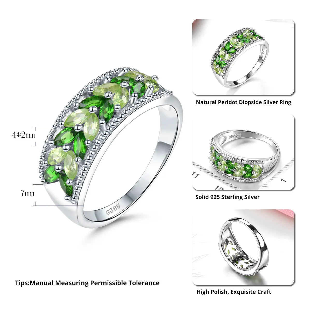 Natural Diopside Peridot Solid Silver Rings 1.5 Carats Genuine Gemstone S925 Fine Jewelry