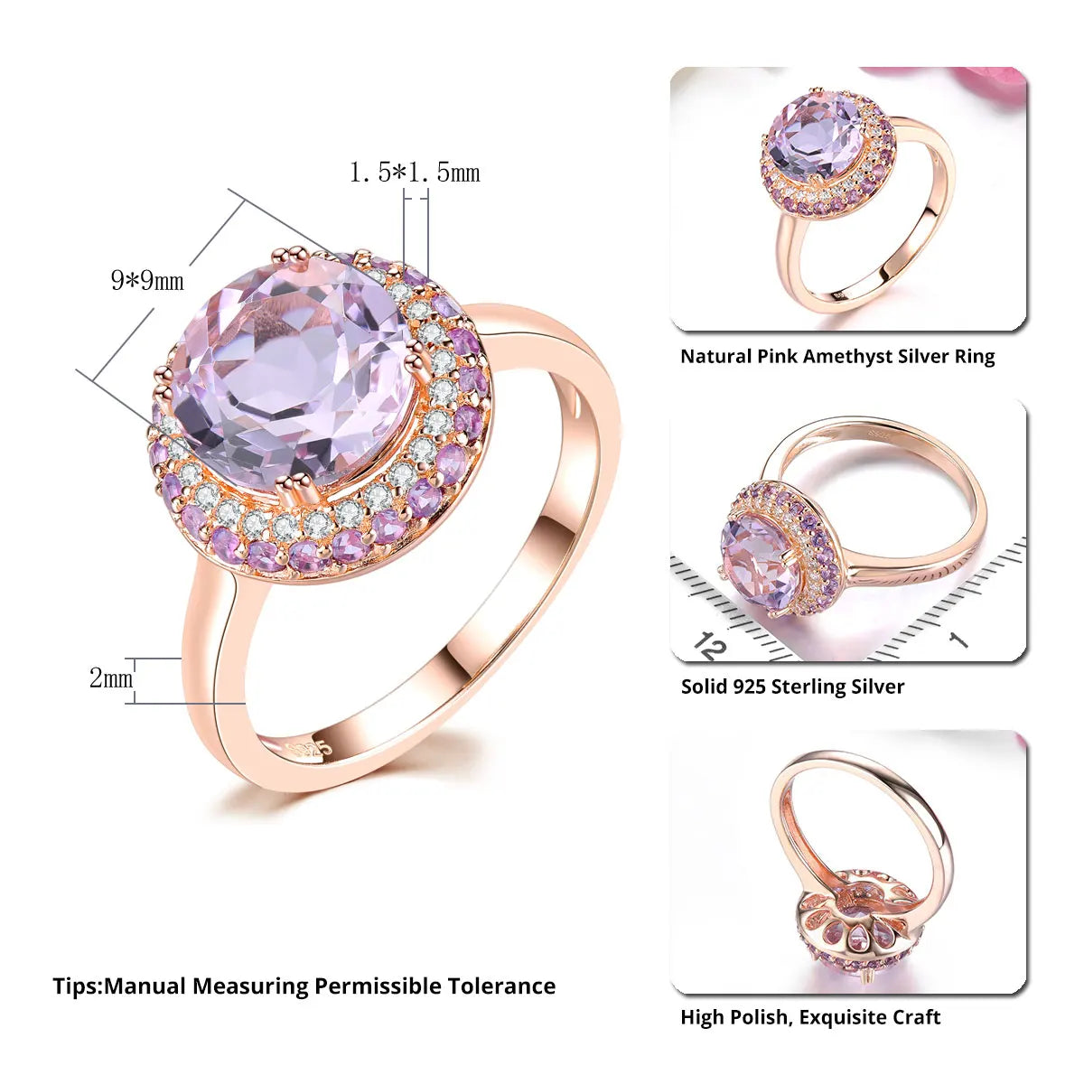 Natural Pink Amethyst Sterling Silver Rose Gold Plated