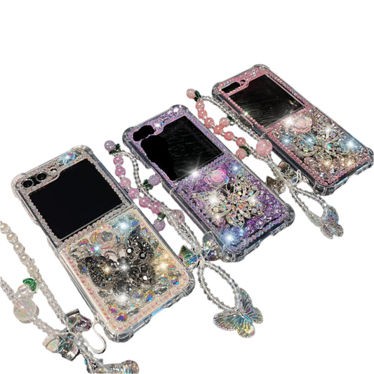 For Samsung Galaxy Z Flip 6 5 4 3 5G F7110 F7070 Cute Elegant Crystal Butterfly Flower Diamond Pearl Wrist Phone Case Cover