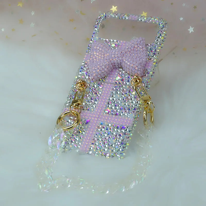 For Samsung Galaxy Z Flip 6 5 4 3 2 5G F7110 F7070 Luxury Rhinestones Crystal Shinny Cute Pearl Bow Phone Case Cover