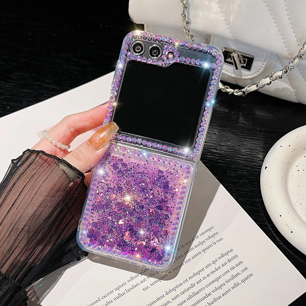 For Samsung Galaxy Z Flip 6 5 4 3 G Luxury Cute Pearl Diamond Crystal Liquid Glitter Phone Case Cover