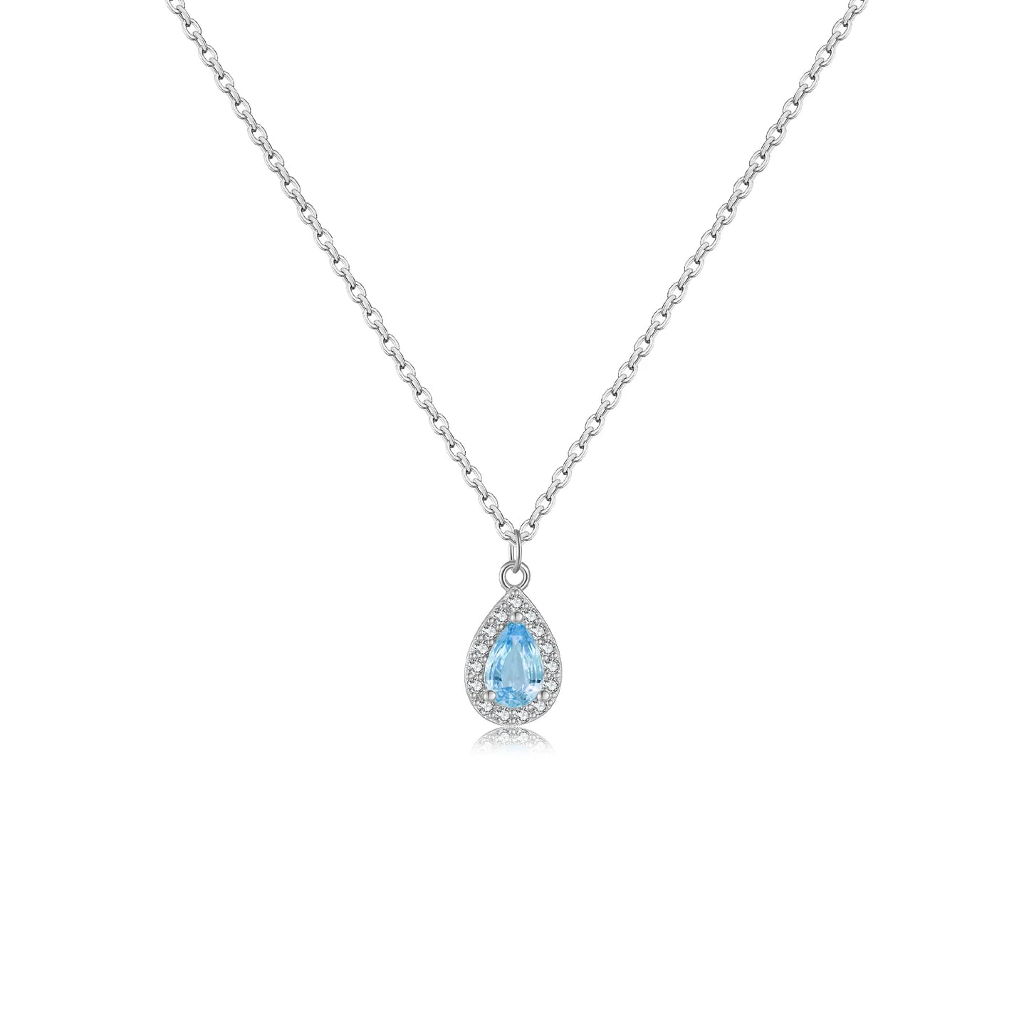 925 Sterling Silver Light Blue Water Drop Shape Pendant Teardrop Crystal Charm Necklace