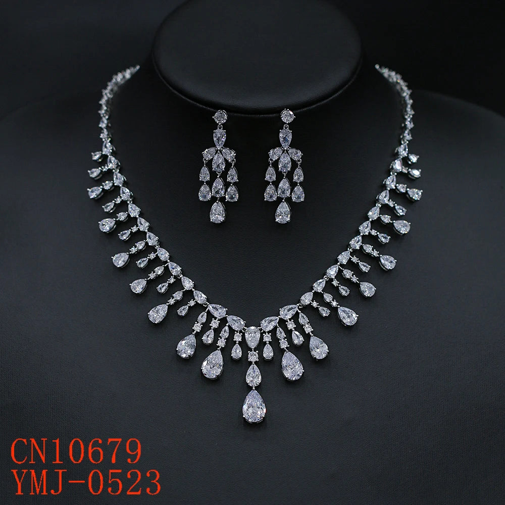 Silver Color Cubic Zirconia Bridal Party Wedding Necklace Earrings Jewelry Set For Women Bridesmaid Accessories Gift CN10679