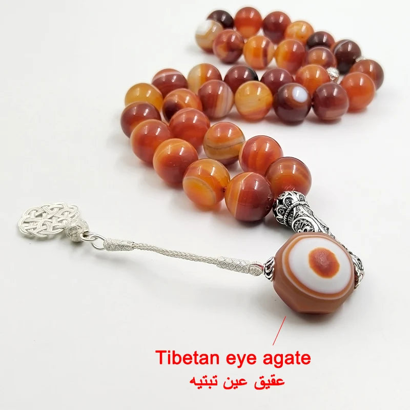 Tasbih Big size natural agate stone Collect art Tibetan eye agate turkish pure silver tassel misbaha High-quality arabic rosary