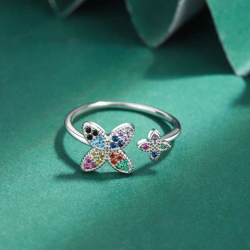 Delicate Rainbow Irregular Double Butterfly Star Full Diamond Original Sterling Silver Jewelry