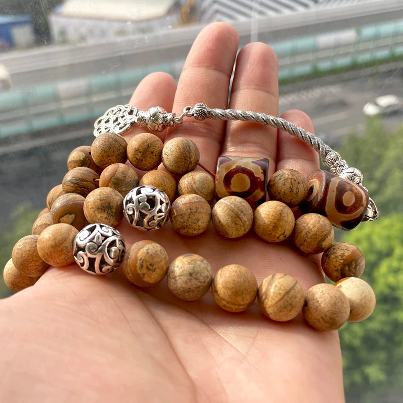 Tasbih men Natural Jasper stone with Dzi Agates gemstone Muslim prayer beads Tibetan style islamic Saudi arabia Fashion bracelet