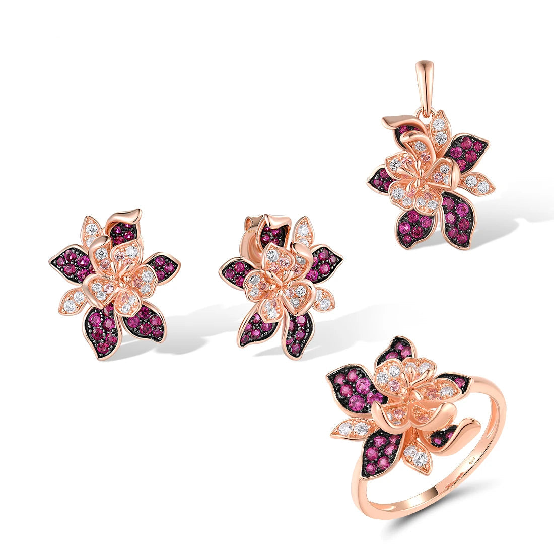 925 Sterling Silver Jewelry Set Pink  Flower