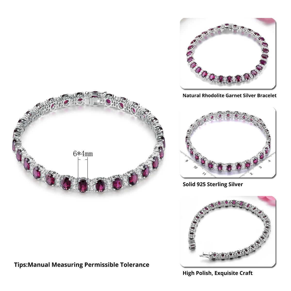 Natural Rhodolite Garnet Silver Bracelet 19 Carats Genuine Rose Garnet  Classic Style Luxury