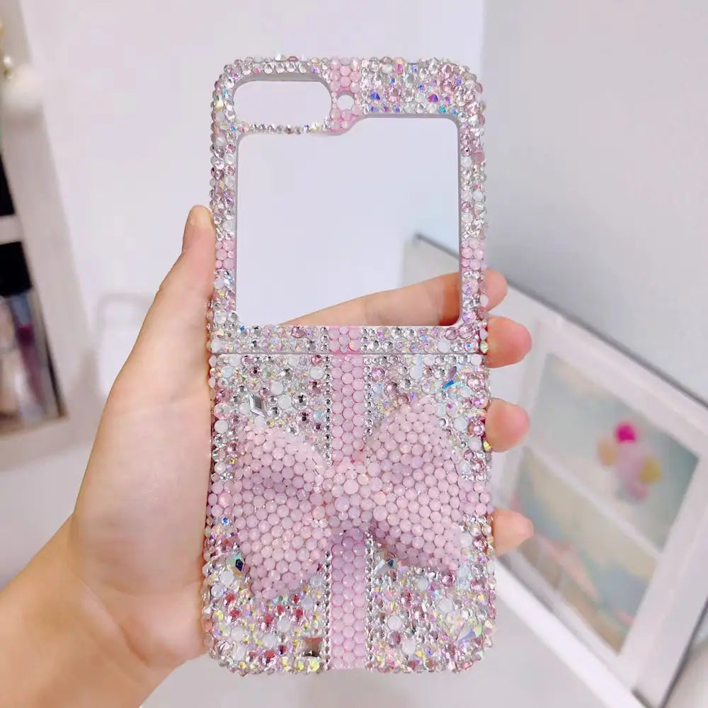 For Samsung Galaxy Z Flip 6 5 4 3 2 5G F7110 F7070 Luxury Rhinestones Crystal Cute Pearl Chain Wrist Jewell Bow Phone Case Cover