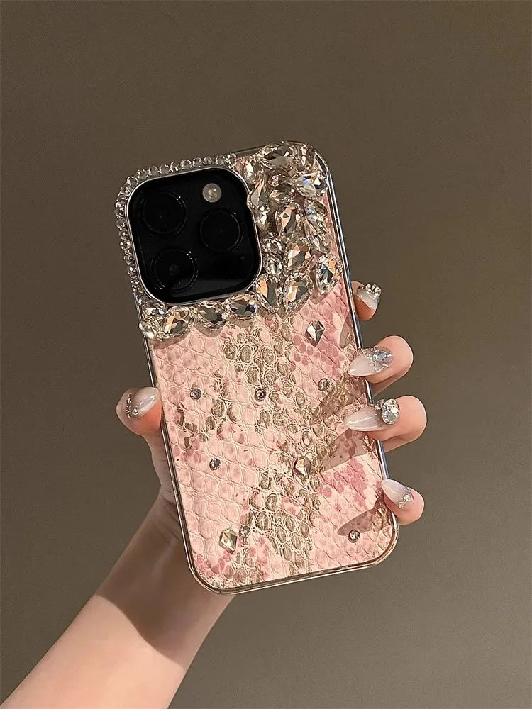 Bling Silver Diamond Glitter Phone Casing For iPhone 16 15 Pro Max 11 12 13 14 Pro Max Luxury Snake Leather Plating Back Cover