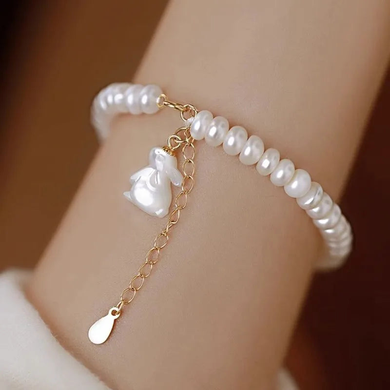 100% Natural Freshwater Pearl 14K Gold Filled Lovely Rabbit Animal Design Female Charm Bracelet Jewelry Gift