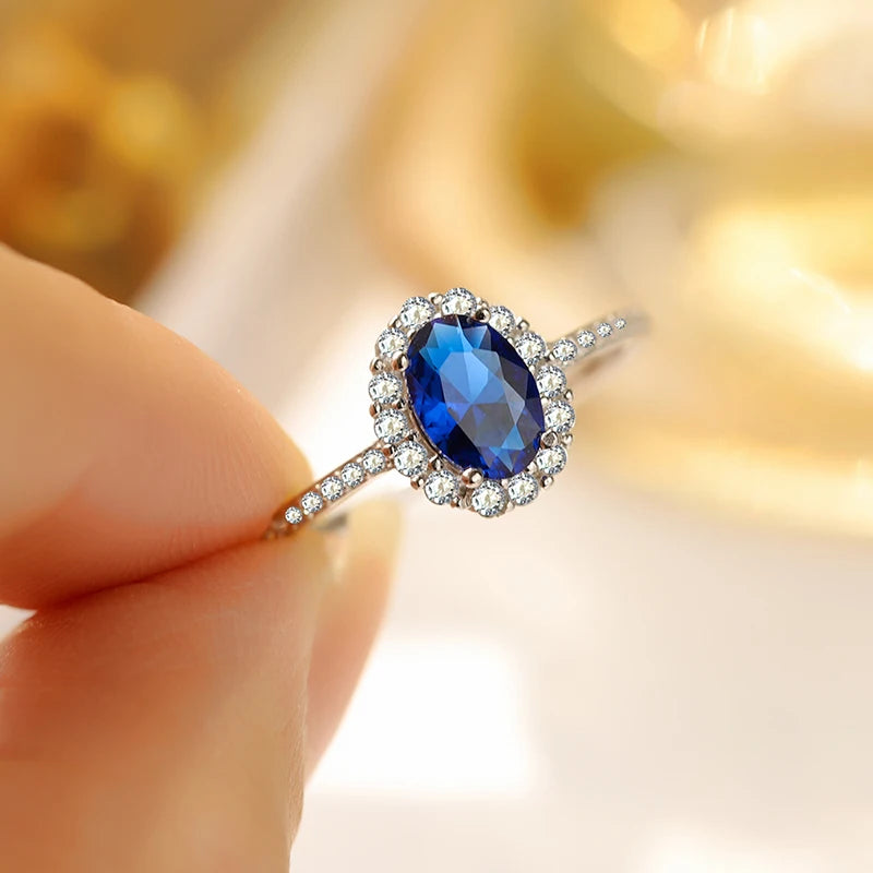 Fashionable High-end Authentic S925 Silver Four-claw Flower Round Oval Sapphire Geometric Engagement Bride Gift Jewelry