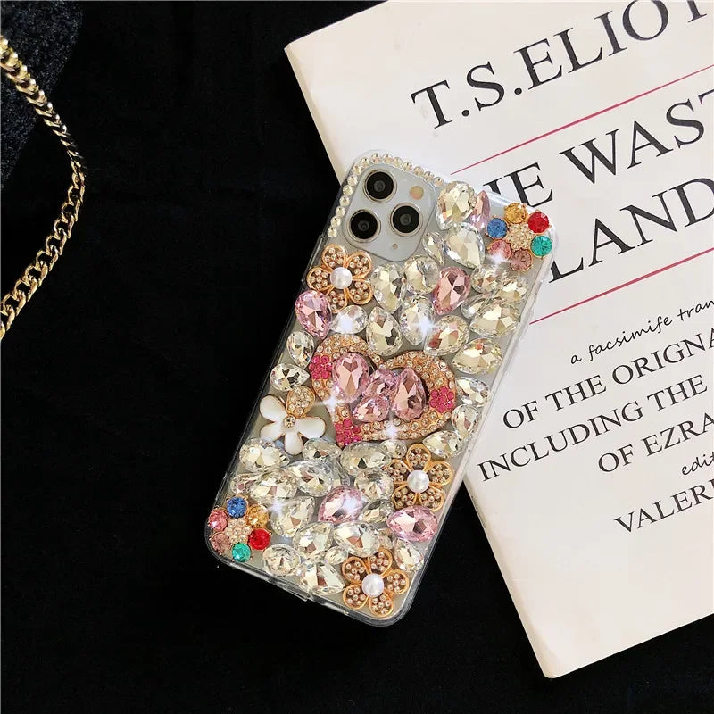 Luxury Handmade Rhinestone Phone Case with Cute Love Heart Design for Huawei P50 P60 Pro Mate 50 60 Honors 80 90 100 Pro