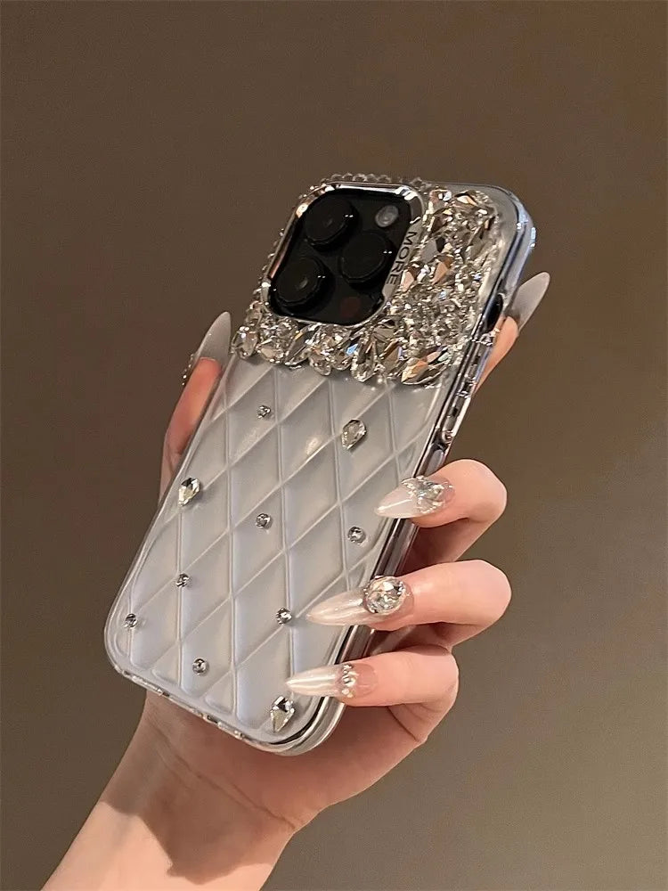 Bling Diamond SilIver Color Phone Cases For iPhone 11 12 13 14 15 16 Pro Max High-end Camera Protection Silicone Glitter Cover