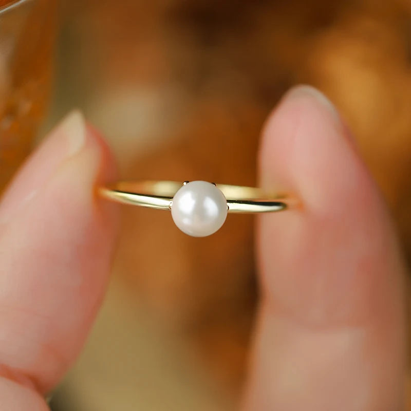 Stylish 14K Gold Pearl Round Authentic S925 Sterling Silver Lovers Valentine's Day Gift Jewelry Ring for Women and Men Jewelry