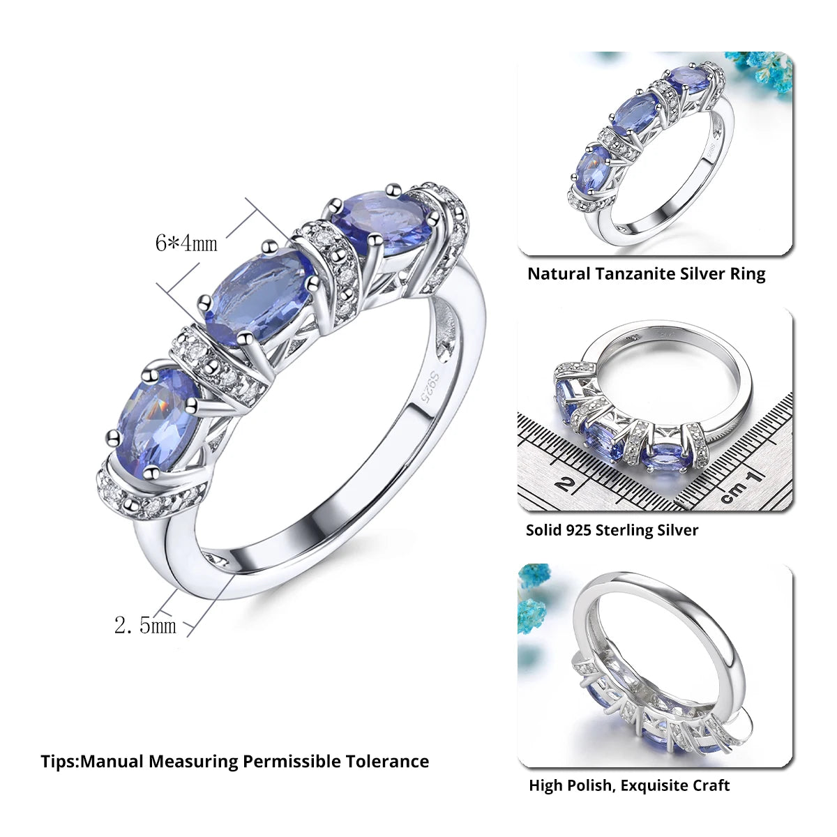 Natural Tanzanite Solid Sterling Silver Rings 1.35 Carats Genuine Gemstone Classic Fine Jewelry Decorations S925