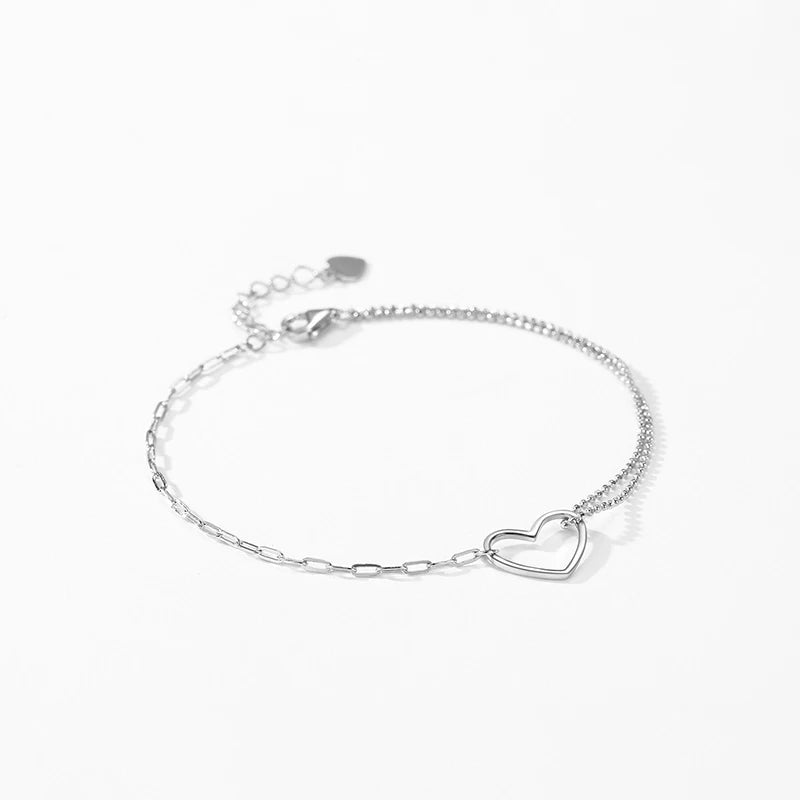 100% Real 925 Sterling Silver Fashion Simple Heart  Bracelet Jewelry