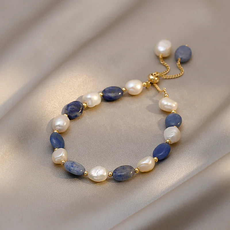 Blue Jade Stone & Baroque Freshwater Pearl 14K Gold Filled Female Charm Bracelet Jewelry