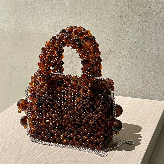 New Fashion High Quality  Design  Shoulder Bags  Tortoiseshell Color Acrylic Beaded Knitted MIni Bag