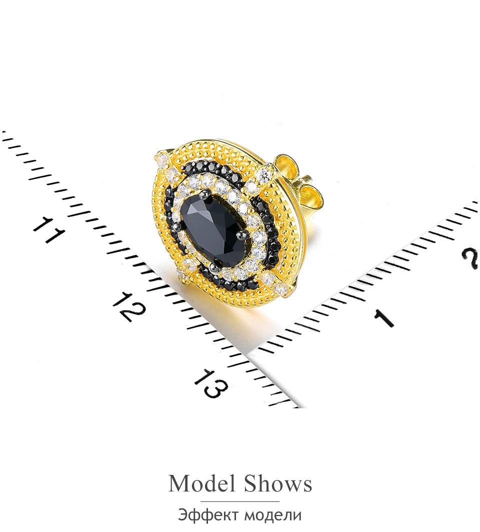 Natural Genuine Black Spinel Yellow Gold Classic Fine Jewelry S925