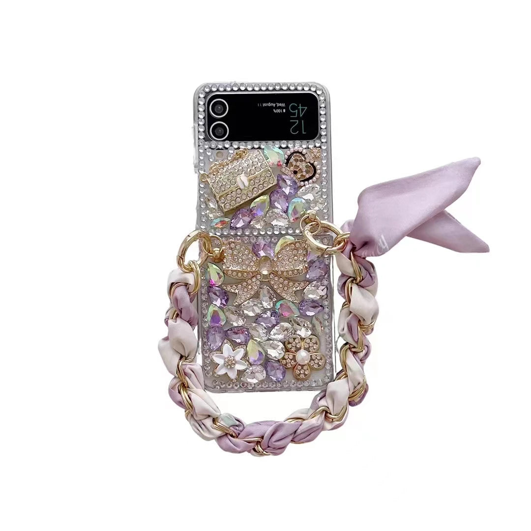 Rhinestone Diamond Stone Silk Wrist Phone Case For Samsung Galaxy Z Flip 6 5 3 4 5G