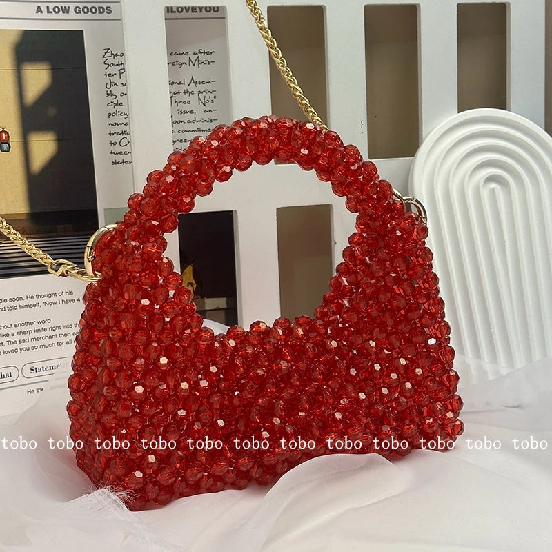 Original Red Half Moon Handbags Homemade Beade Woven Ladies Long Chain Bags Versatile Casual Retro Designer Party Bag