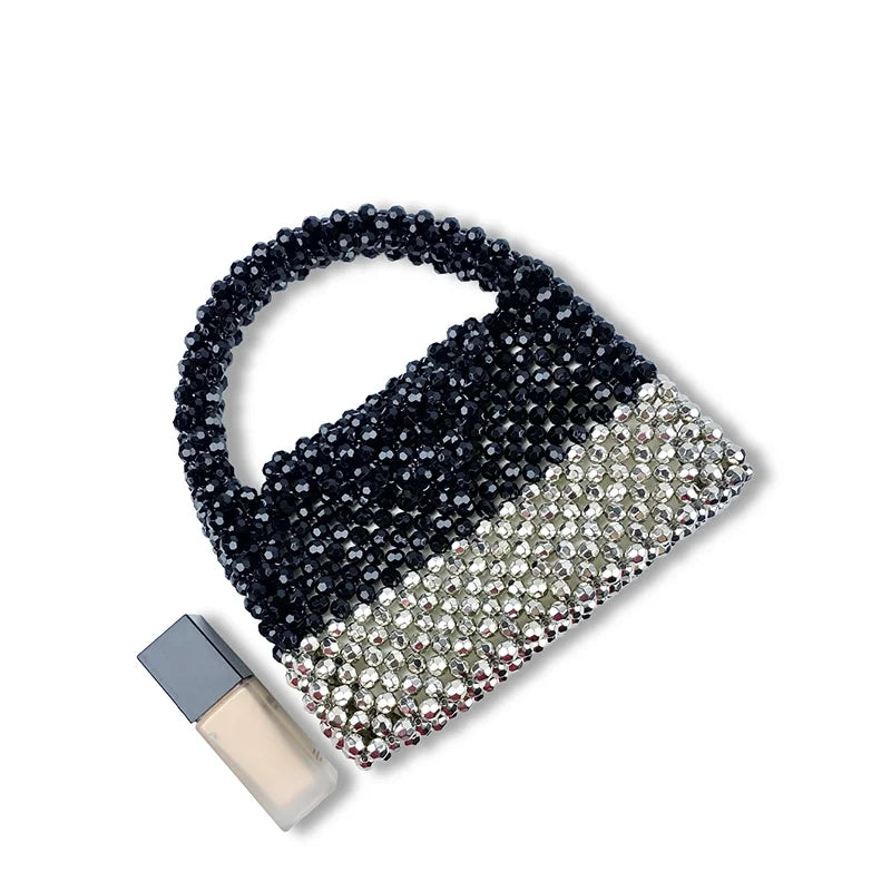 New Casual Style Versatile Black Silver Block Color Handmade Beaded Bag