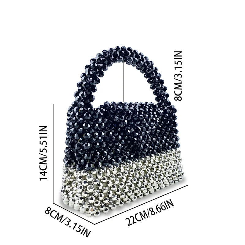 New Casual Style Versatile Black Silver Block Color Handmade Beaded Bag