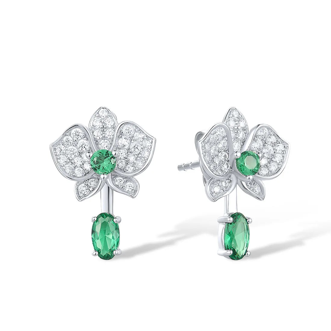 Real 925 Sterling Silver Stud Earrings Sparkling White Green Spinel Flower Dangling Delicate Jewelry