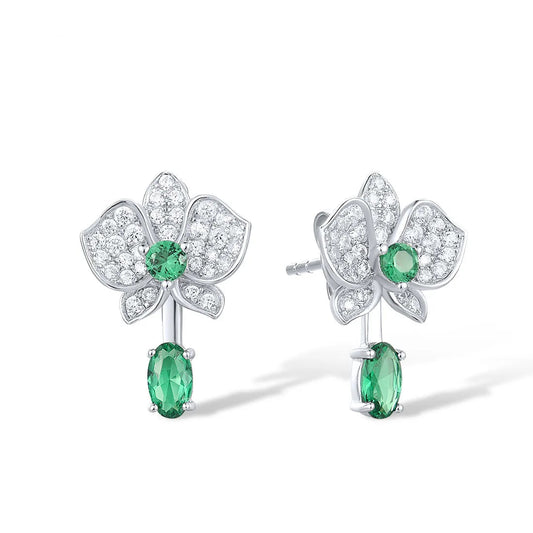 Real 925 Sterling Silver Stud Earrings Sparkling White Green Spinel Flower Dangling Delicate Jewelry