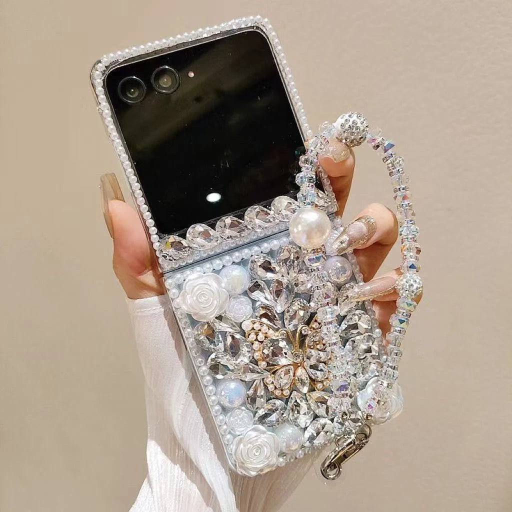 Luxury Crystal Pearl Elegant Butterfly Diamond Gems Strap Phone Case Cover For Samsung Galaxy Z FLIP 3 4 5 6 F7220 Flip6