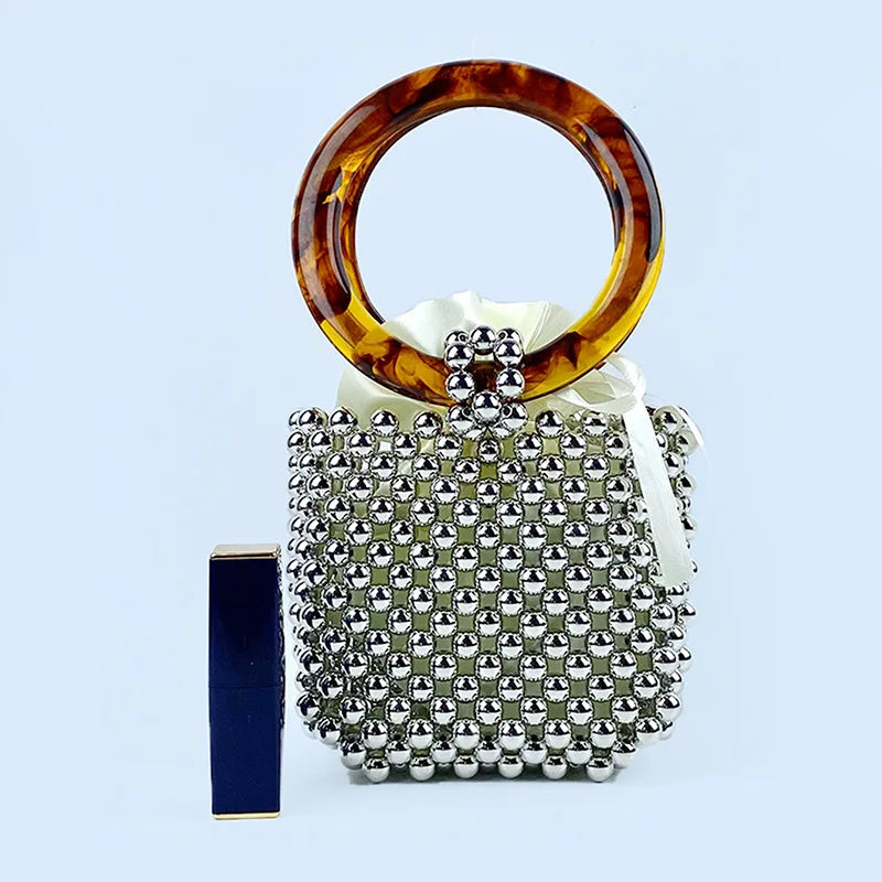 new niche designs, high-end textured beaded woven bead bag, circular ring portable bucket bag