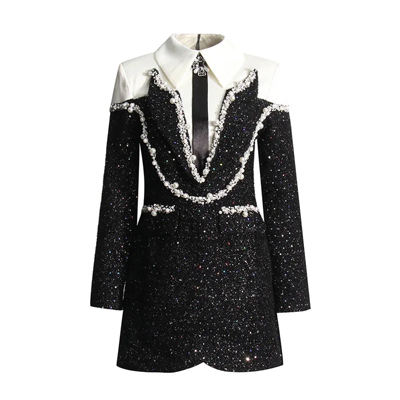 Quality Autumn Winter Beaded Diamonds Suit Coat Tweed Dress Women White Collar Shirt Top Black Long Sleeve Pencil Party Vestidos