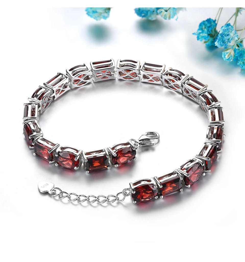 Natural Red Garnet Sterling Silver S925   Bracelet 38.5 Carats Genuine Gemstone Luxury Gorgerous