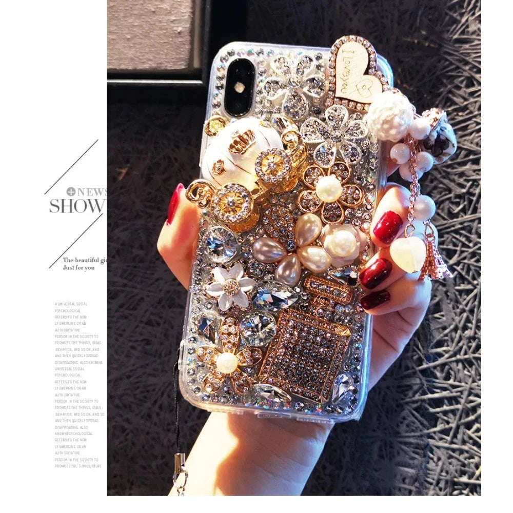 Sparkling Rhinestone Jewelry Phone Case with Strap, 3D Diamond, Luxury, for Huawei P50 P60 Pro Mate 50 60 Honors 80 90 100 Pro