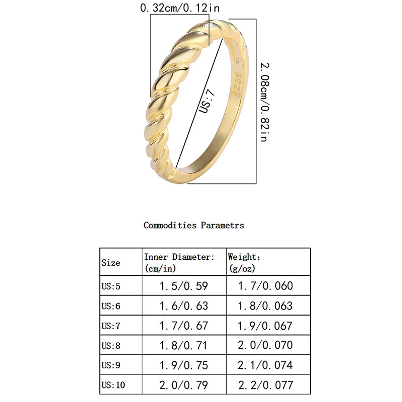 Minimalist Authentic S925 Silver 14K Gold Twisted Pattern Croissant Ring, Fashionable and Versatile