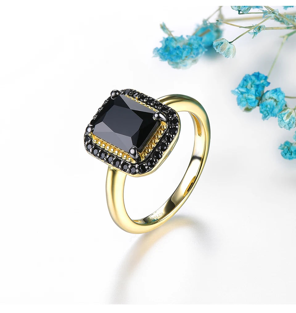 Natural Black Spinel Sterling Silver Yellow Gold Plated 2.6 Carats Genuine Gemstone Classic  Luxury