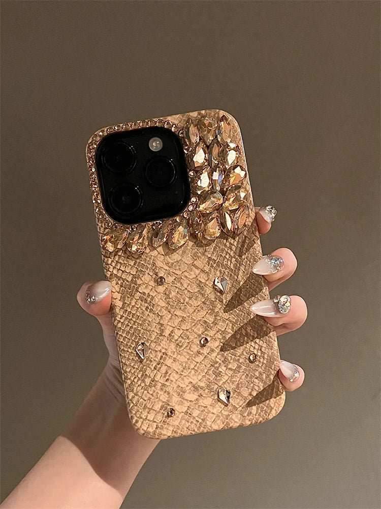 Luxurious High Quality Glitter Snakeskin Plating Diamond Phone Case For iPhone 15 14 13 12 16ProMax Bling Rhinestones Back Cover