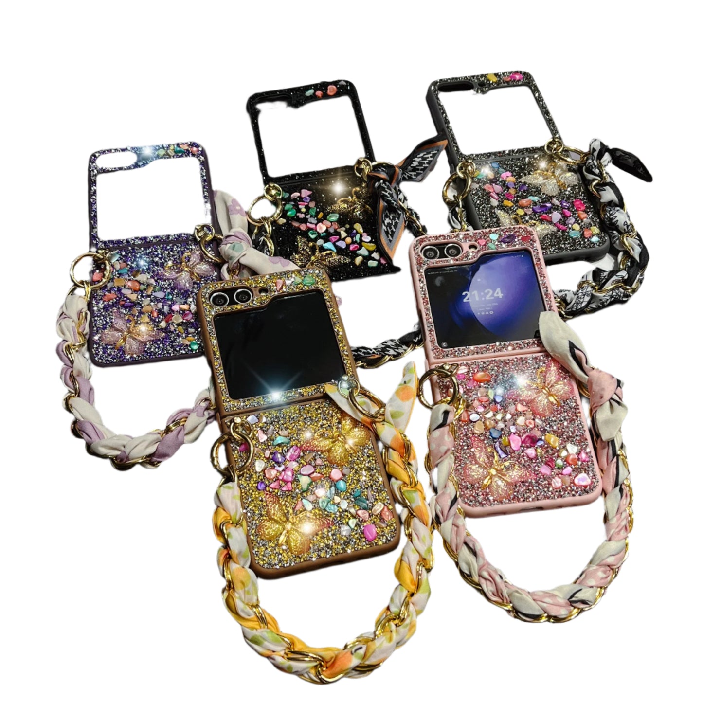 For Samsung Galaxy Z Flip 6 5 4 3 5G F7110 Unique Cute Diamond Elegant Bling Crystal Butterfly Silk Stone Wrist Phone Case Cover